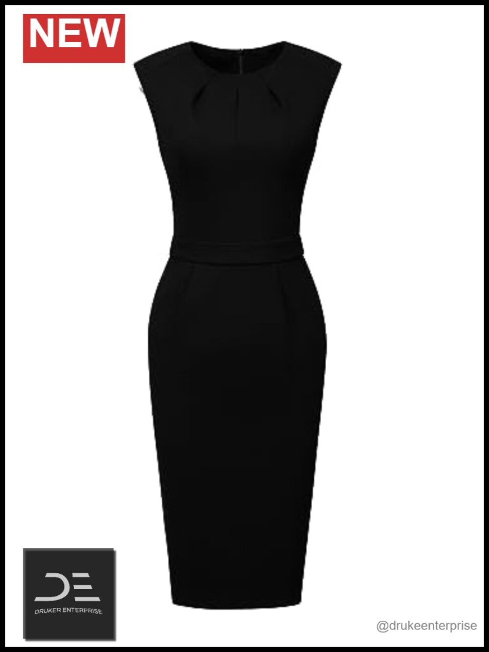 Women's Sleeveless Sheath Work Dress Pleated Round Neck